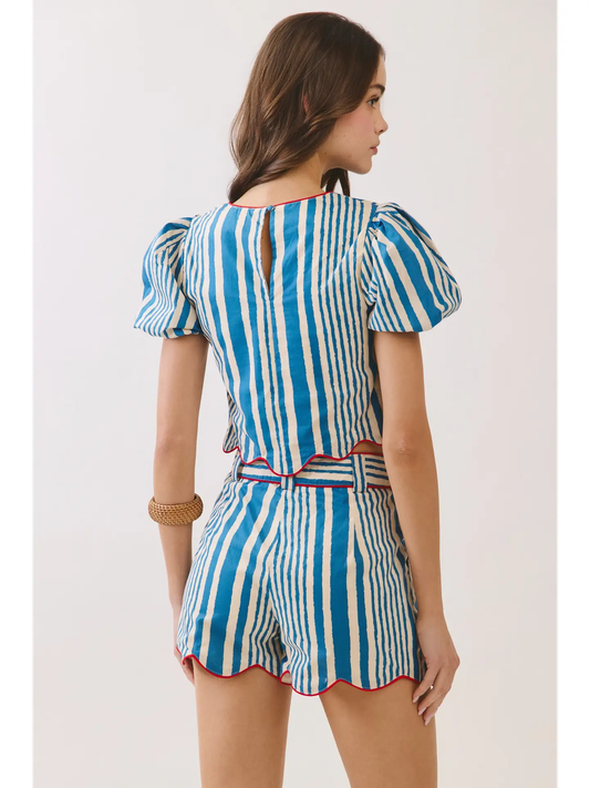Puff Sleeve Scalloped Stripe Short Set | Blue & White