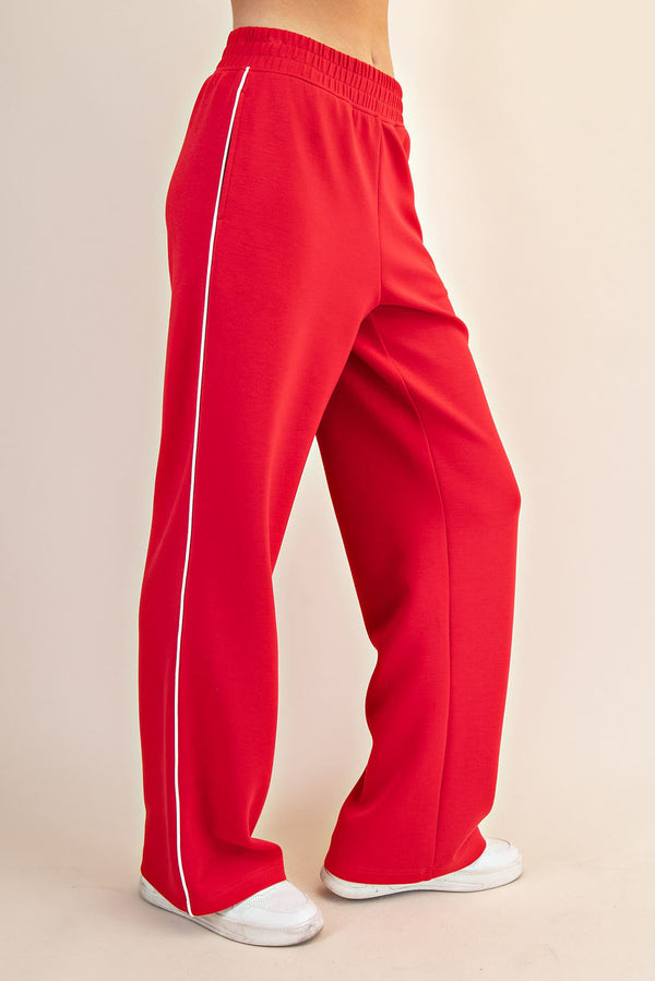 Modal Two Stripe Piping Mock Neck Sweat Set | True Red & Cream