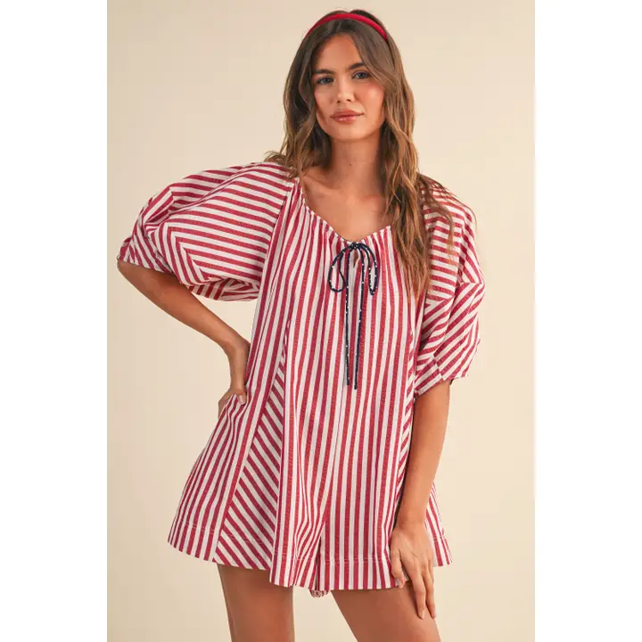 American Stripe Puff Sleeve Romper