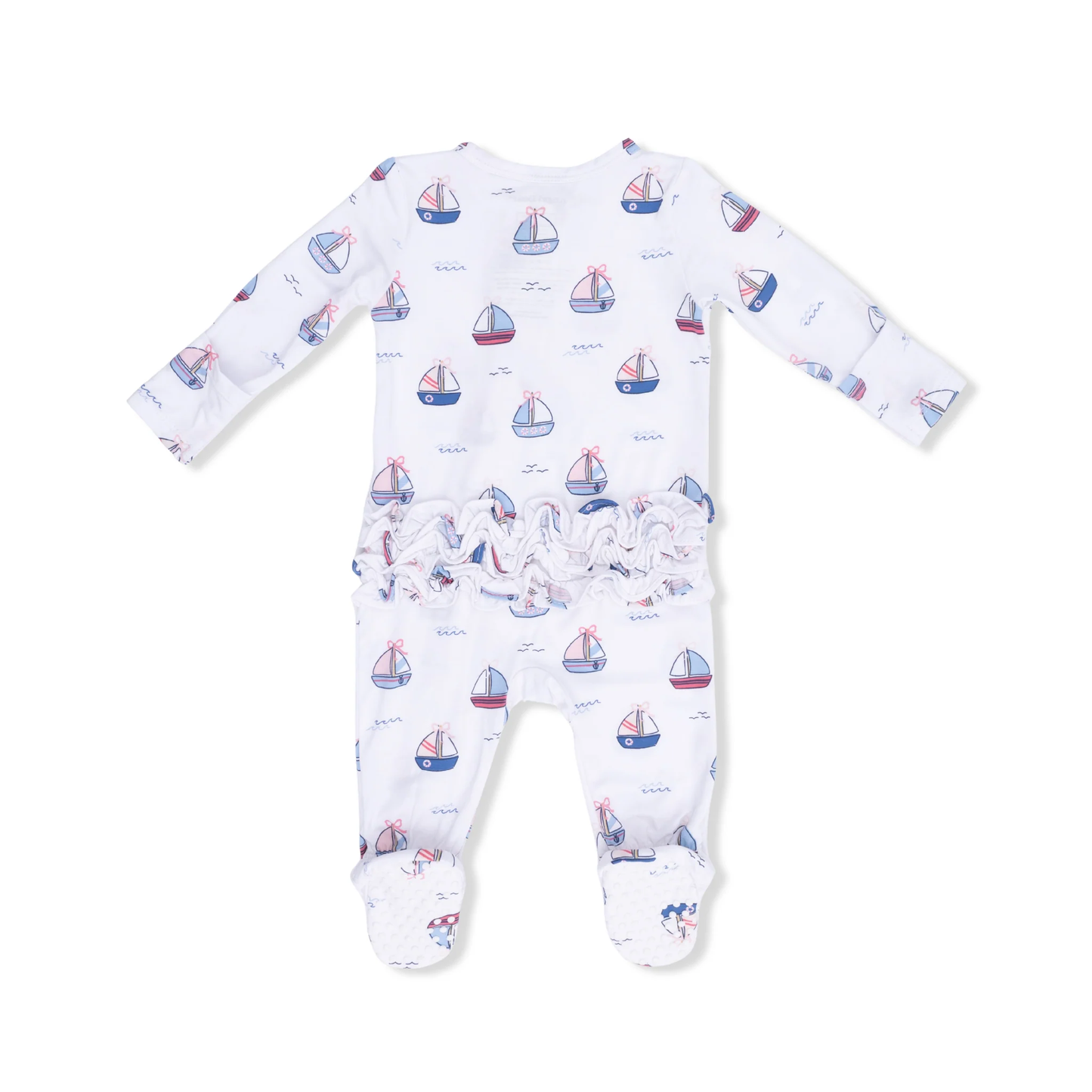 2 Way Ruffle Back Zipper Footie | Bubbly Sailboats Pink
