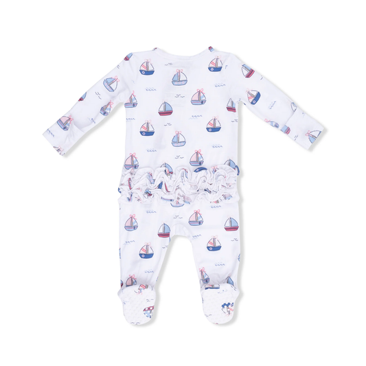 2 Way Ruffle Back Zipper Footie | Bubbly Sailboats Pink