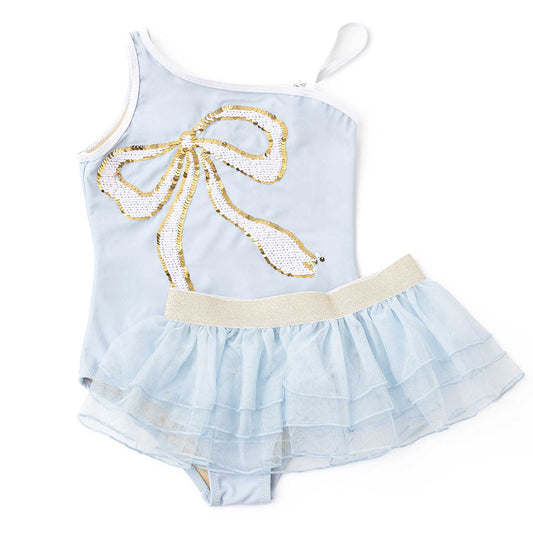 Sequins Blue Bow Girls One Piece & Tutu Swim Set