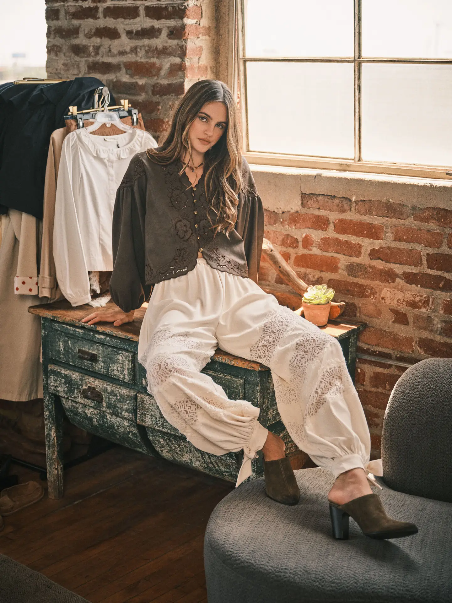 Leather Embroidered Blouse Top | Brown