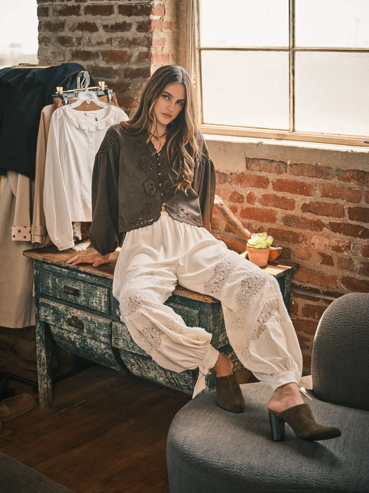 Leather Embroidered Blouse Top | Brown