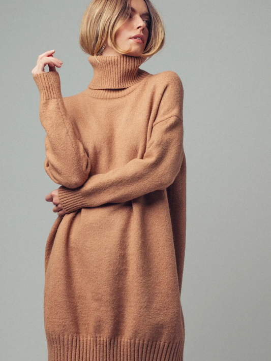 Oversized Turtleneck Ribbed Knit Sweater Dress