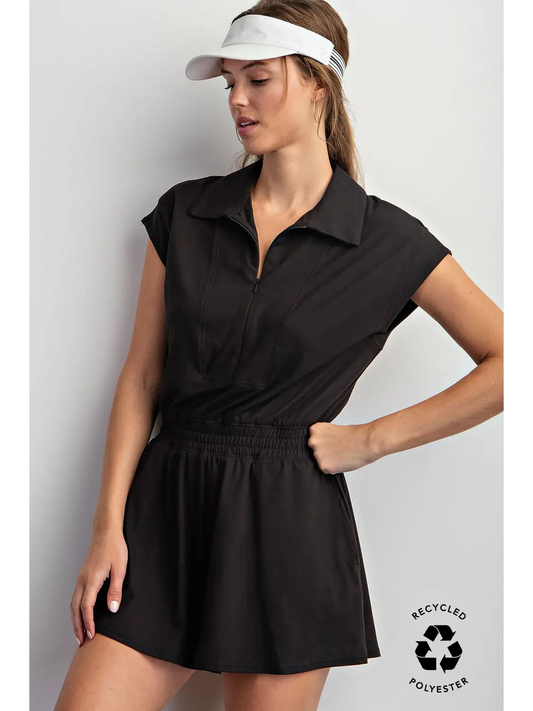 Butter Soft Short Sleeve Quarter Zip Romper | Black