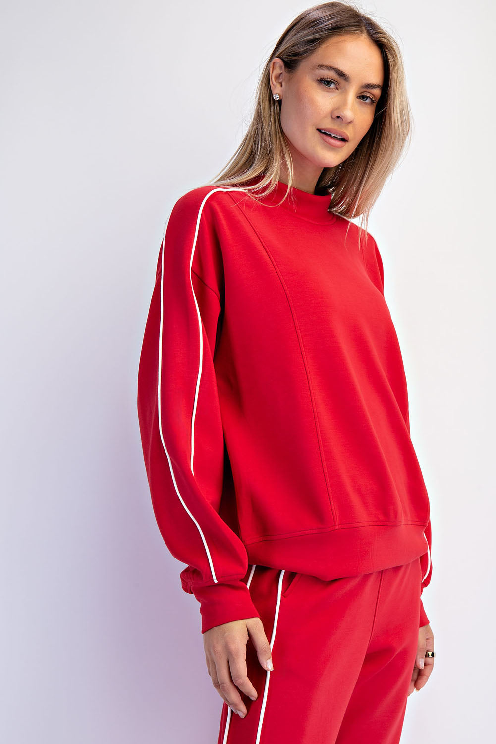Modal Two Stripe Piping Mock Neck Sweat Set | True Red & Cream