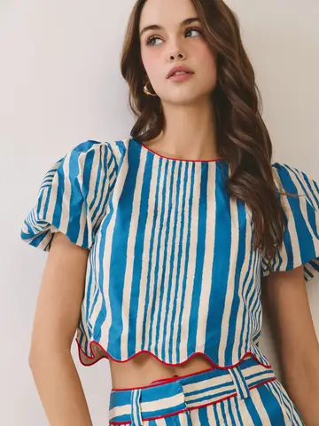 Puff Sleeve Scalloped Stripe Short Set | Blue & White