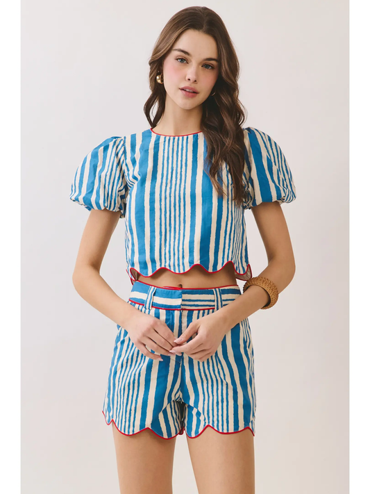 Puff Sleeve Scalloped Stripe Short Set | Blue & White