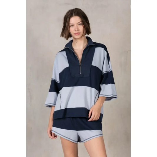 Yarn Dye Stripe Half Zip-Up Top & Shorts| Midnight Steel