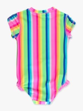 Short Sleeve Rash Guard One Piece Swimsuit | Neon Rainbow Stripe