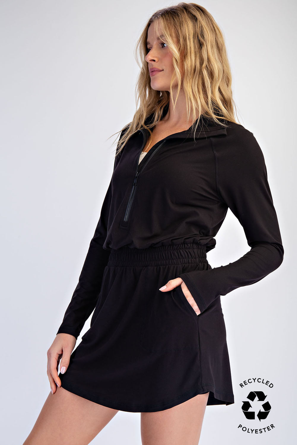 Butter Soft Quarter Zip Romper with Skirt | Black