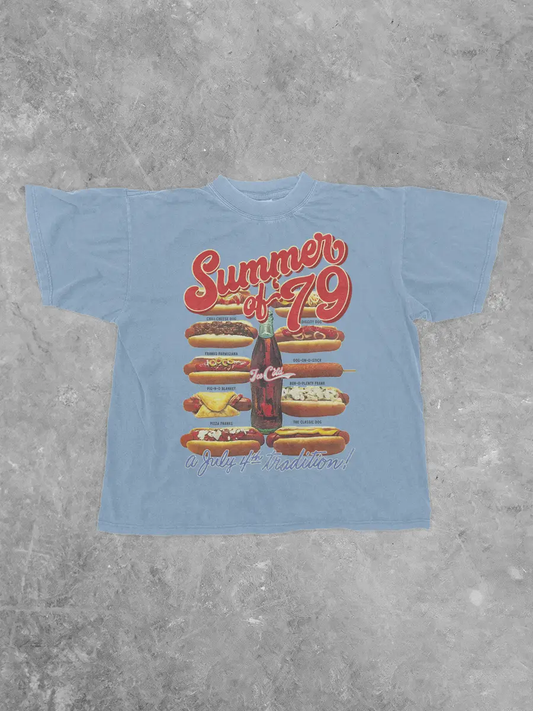 Summer of '79  Hot Dogs Boxy Cotton T-Shirt | Clear Blue