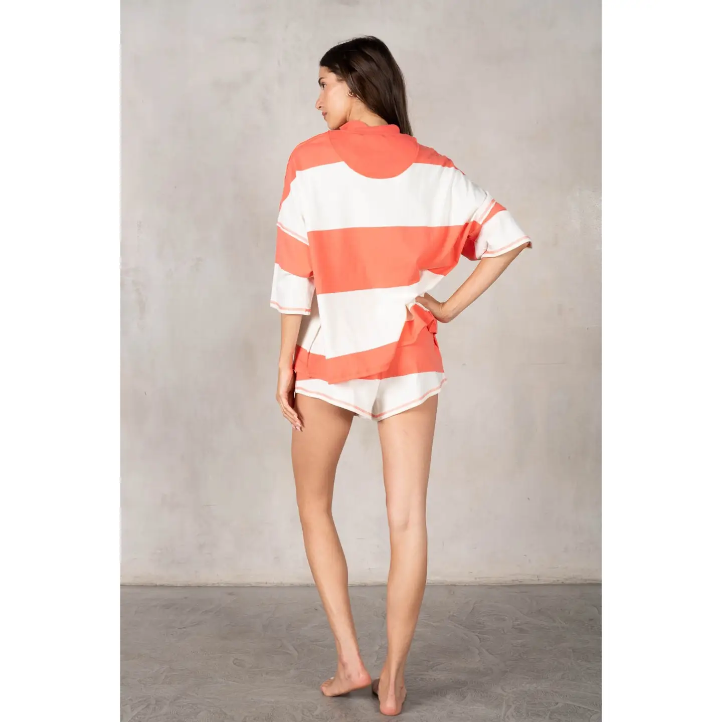 Yarn Dye Stripe Half Zip-Up Top & Shorts| Coral