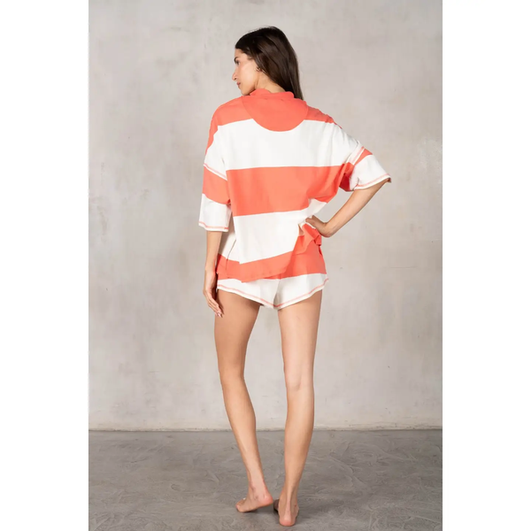 Yarn Dye Stripe Half Zip-Up Top & Shorts| Coral