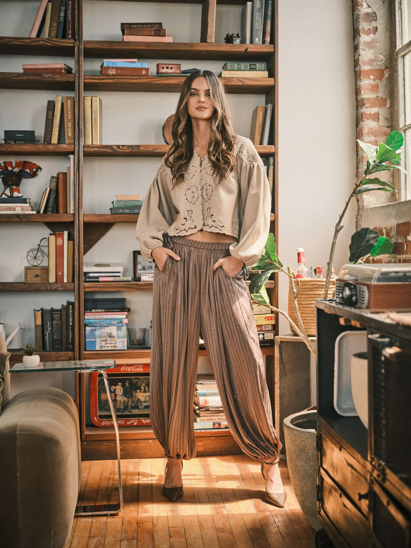 Leather Embroidered Blouse Top | Stone