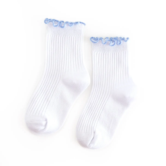 Ribbed Lettuce Trim Midi Socks | White & Bluebell
