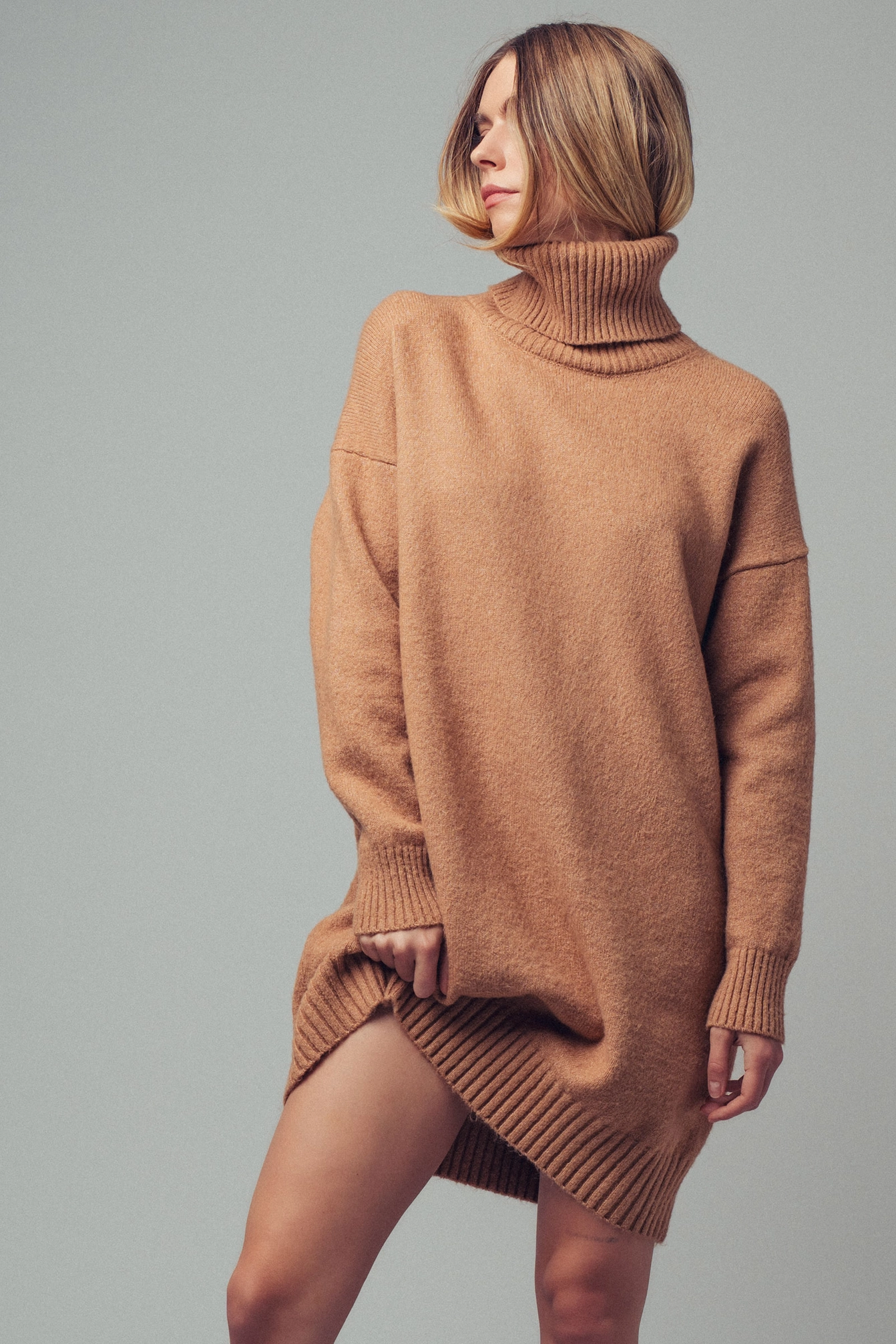 Oversized Turtleneck Ribbed Knit Sweater Dress