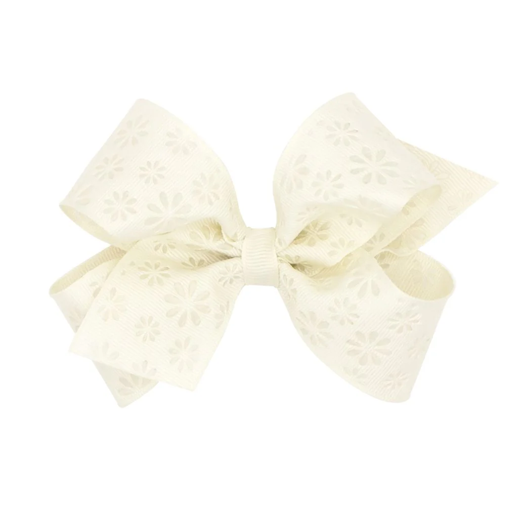Medium Embossed Flower Pattern on Grosgrain Hair Bow | Antique White