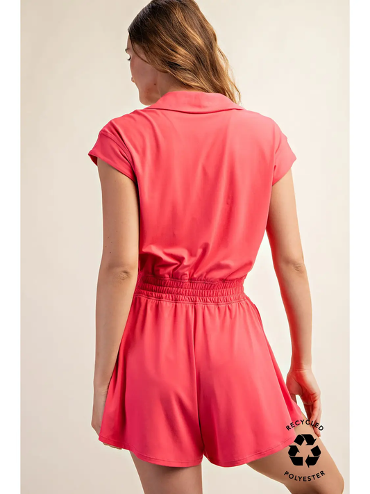 Butter Soft Short Sleeve Quarter Zip Romper | Flamingo Pink