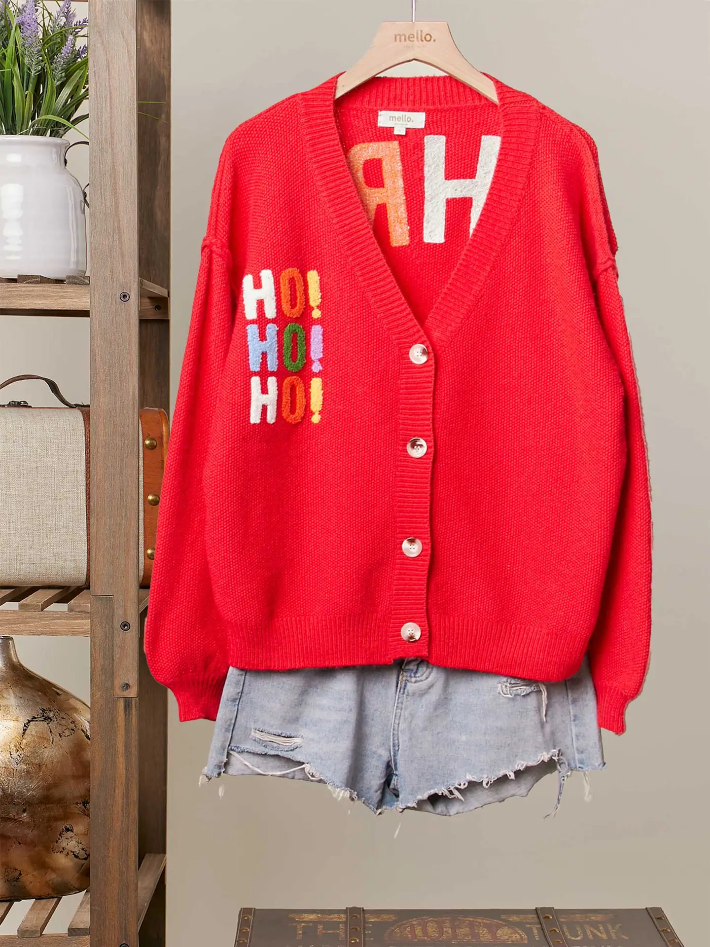 Christmas Lettering Patchwork V Neck Cardigan