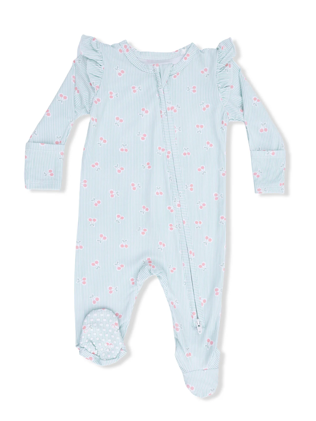 2-Way Zip Ruffle Sleeve Footie | Tiny Cherry Stripe
