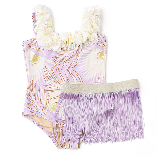 Purple Metallic Hula Girls One Piece & Fringe Skirt Swim Set