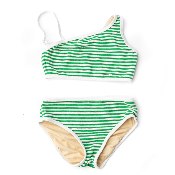 Green Stripe Girls Ribbed One Shoulder Two Piece Swimsuit