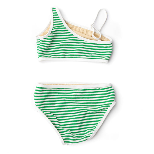 Green Stripe Girls Ribbed One Shoulder Two Piece Swimsuit