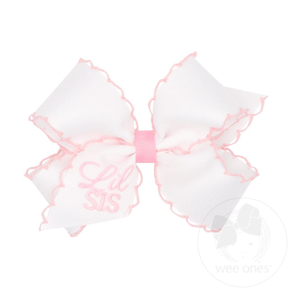 Medium Grosgrain Hair Bow with Light Pink Moonstitch Edge and Lil Sis Embroidery