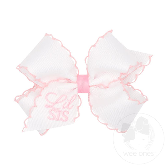 Medium Grosgrain Hair Bow with Light Pink Moonstitch Edge and Lil Sis Embroidery