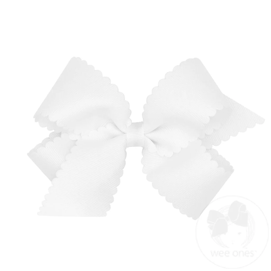 Medium Grosgrain Hair Bow with Scalloped Edge | White