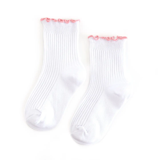 Ribbed Lettuce Trim Midi Socks | White & Blossom