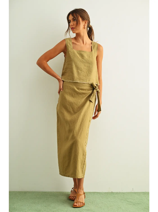 Short Sleeve Square Neck Raw Hem Top & Wrap Skirt
