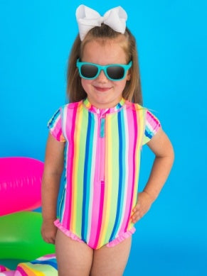 Short Sleeve Rash Guard One Piece Swimsuit | Neon Rainbow Stripe