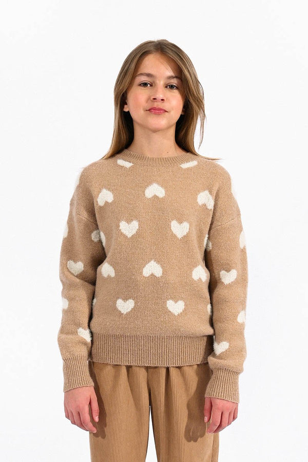Casual Sweater With Heart Pattern | Beige