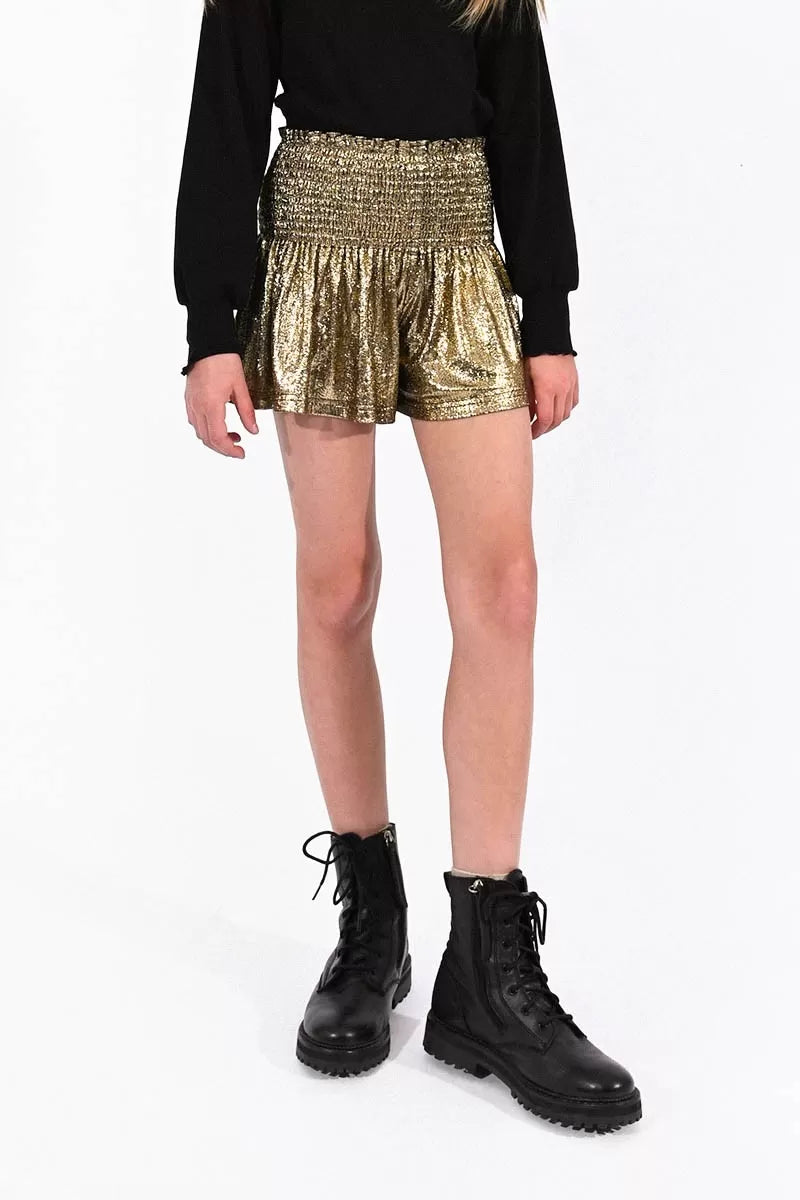 Lame` Shorts with Smocked Waistband | Gold