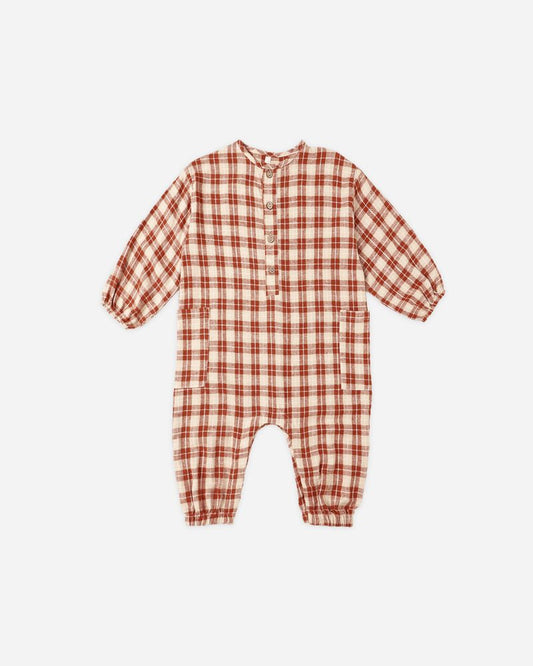 RELAXED WOVEN JUMPSUIT || RED PLAID