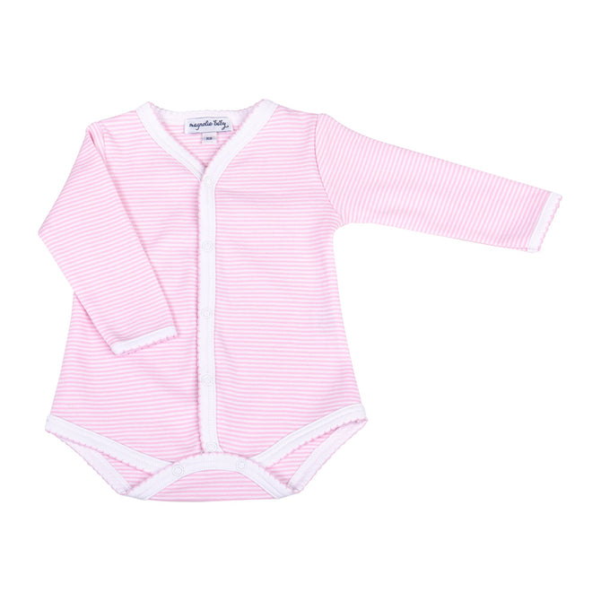 Mini Stripes Long Sleeve Front Snap Onesie | Pink