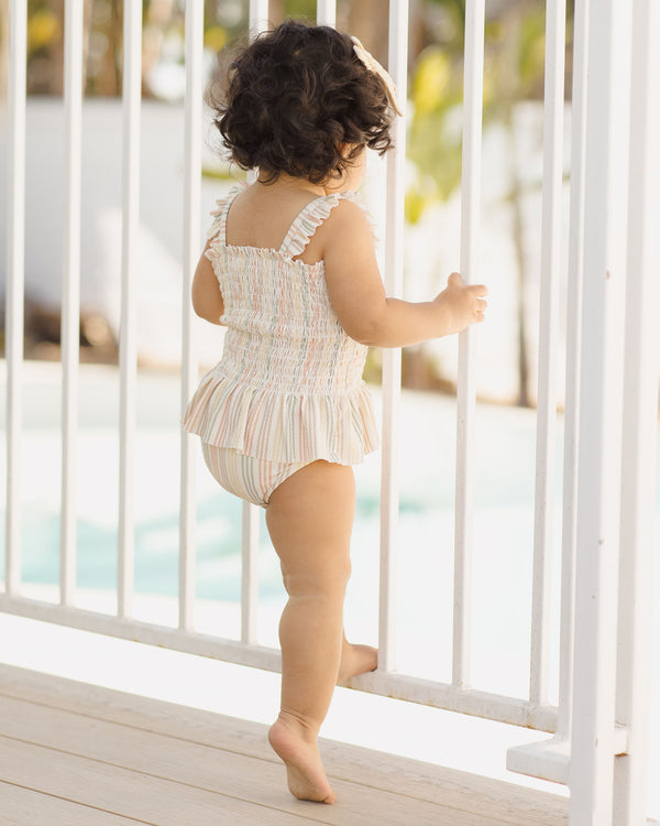 SMOCKED ONE-PIECE SWIMSUIT || MULTI STRIPE