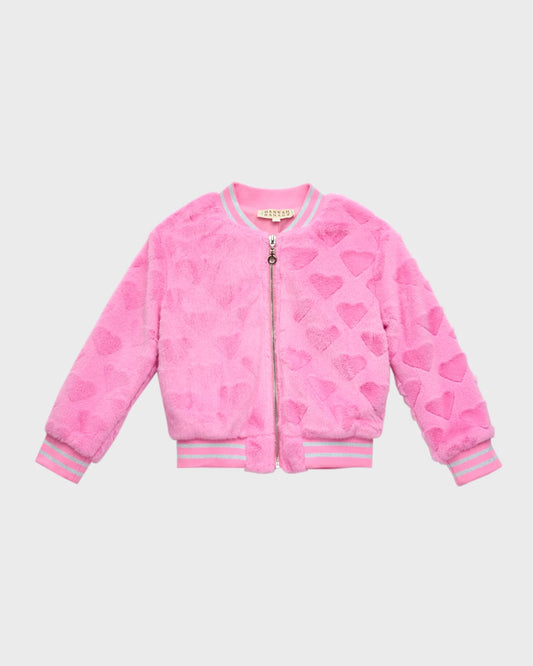 Faux Fur Heart Print Bomber Jacket | Pink