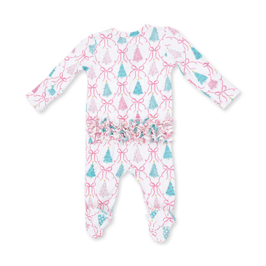 Bow Trellis Tree | Bamboo 2 Way Ruffle Back Zipper Footie