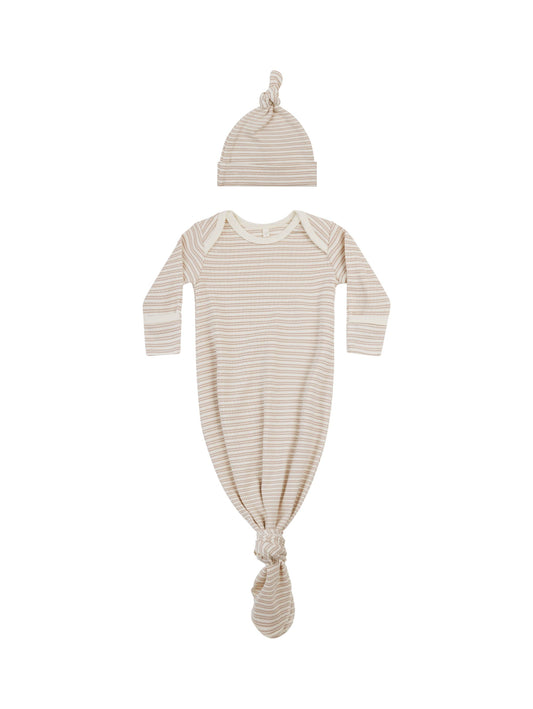 Knotted Baby Gown + Hat Set | Oat Stripe