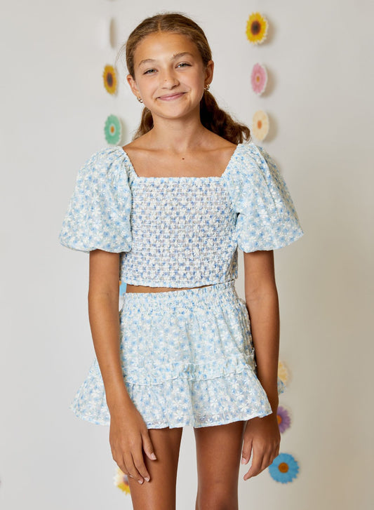 Balloon Sleeve Smocked Top | Blue Floral