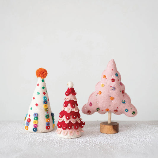 Handmade Wool Tree with Beads and Wood Base | Pink