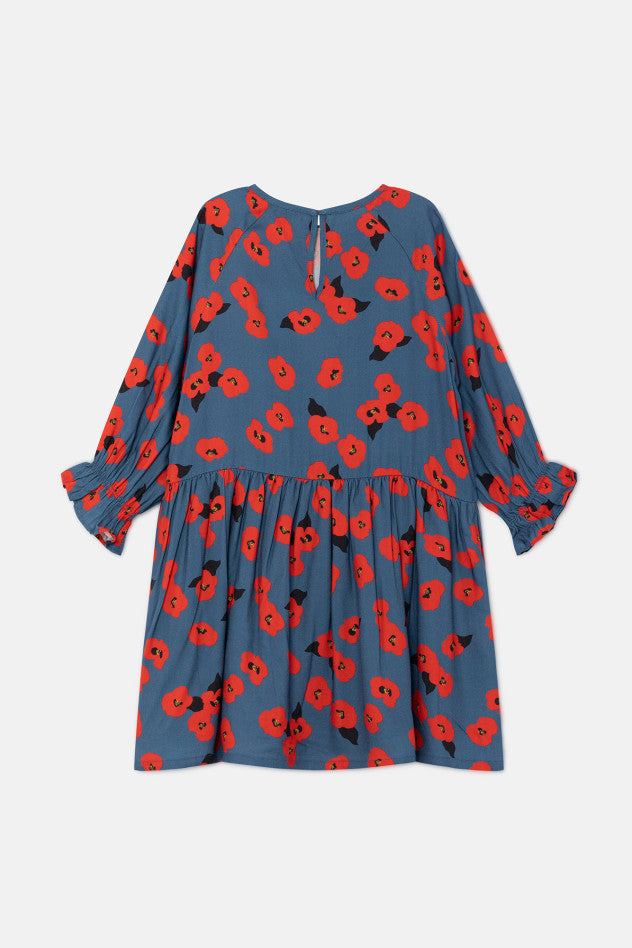 Girls Poppy Dress | Blue with Red