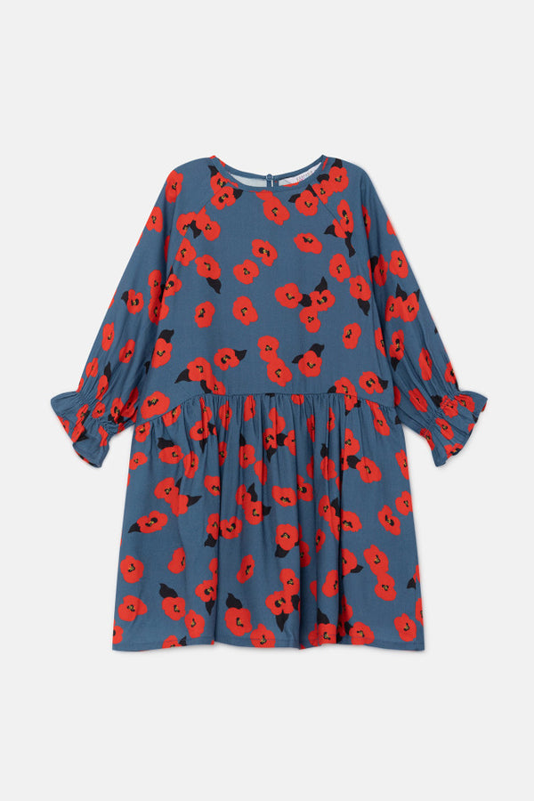 Girls Poppy Dress | Blue with Red