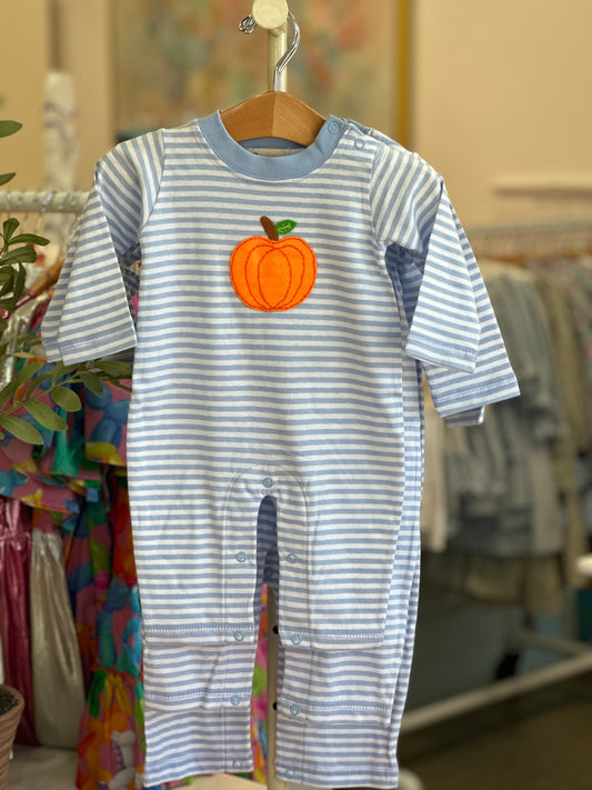 LS Striped Romper with Pumpkin | Sky Blue and White
