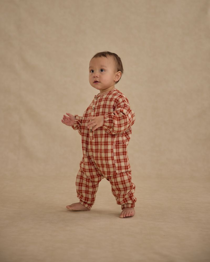 RELAXED WOVEN JUMPSUIT || RED PLAID