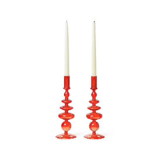 Set of 2 Hand-Blown Glass Candlesticks | Red or Green